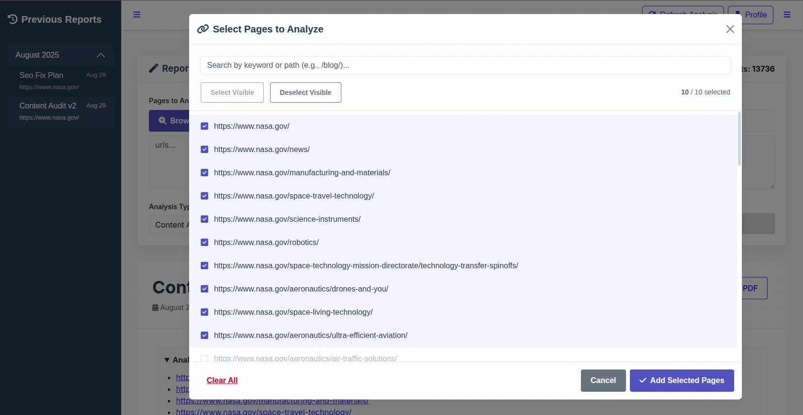 Page Selection Popup Interface