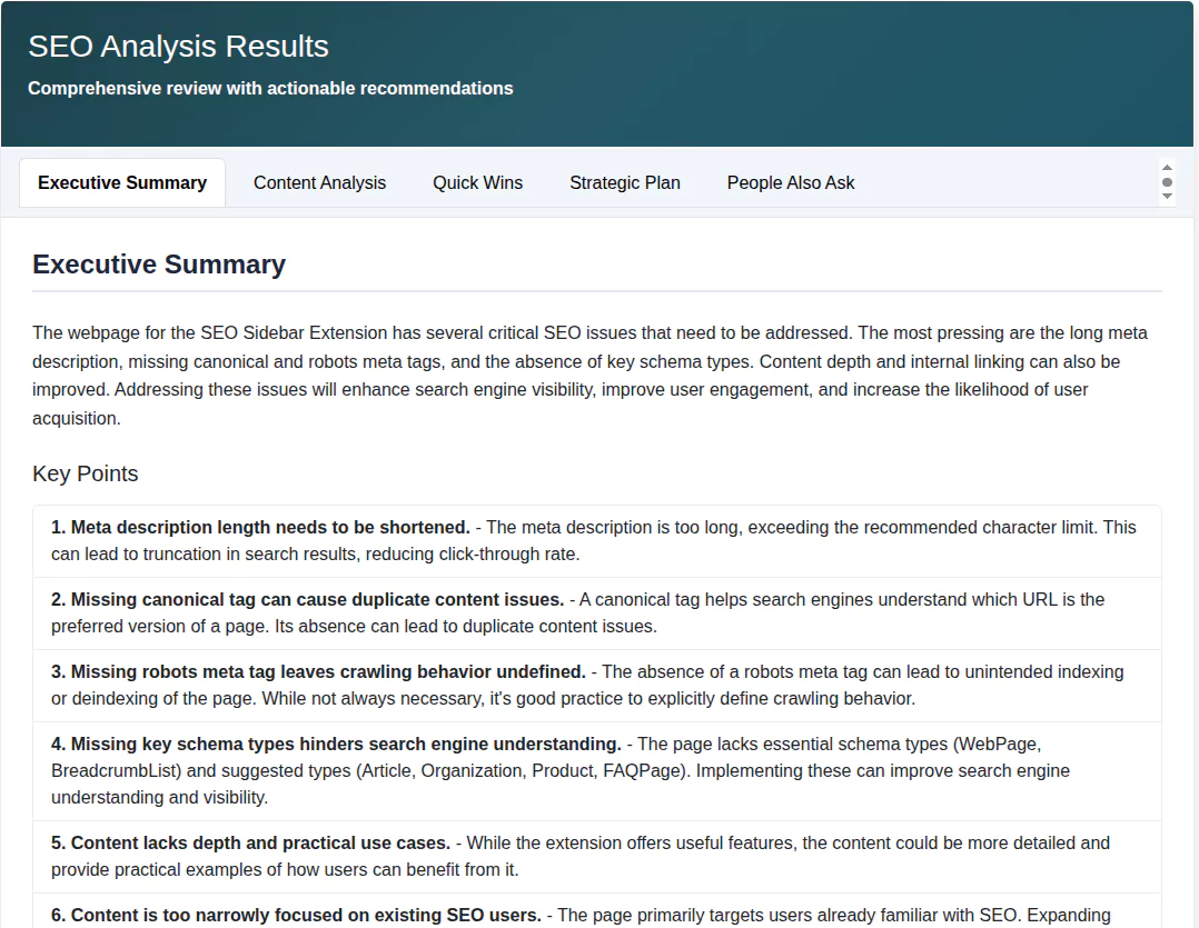 SEO analyser pro showing personalized SEO strategy for the webpage
